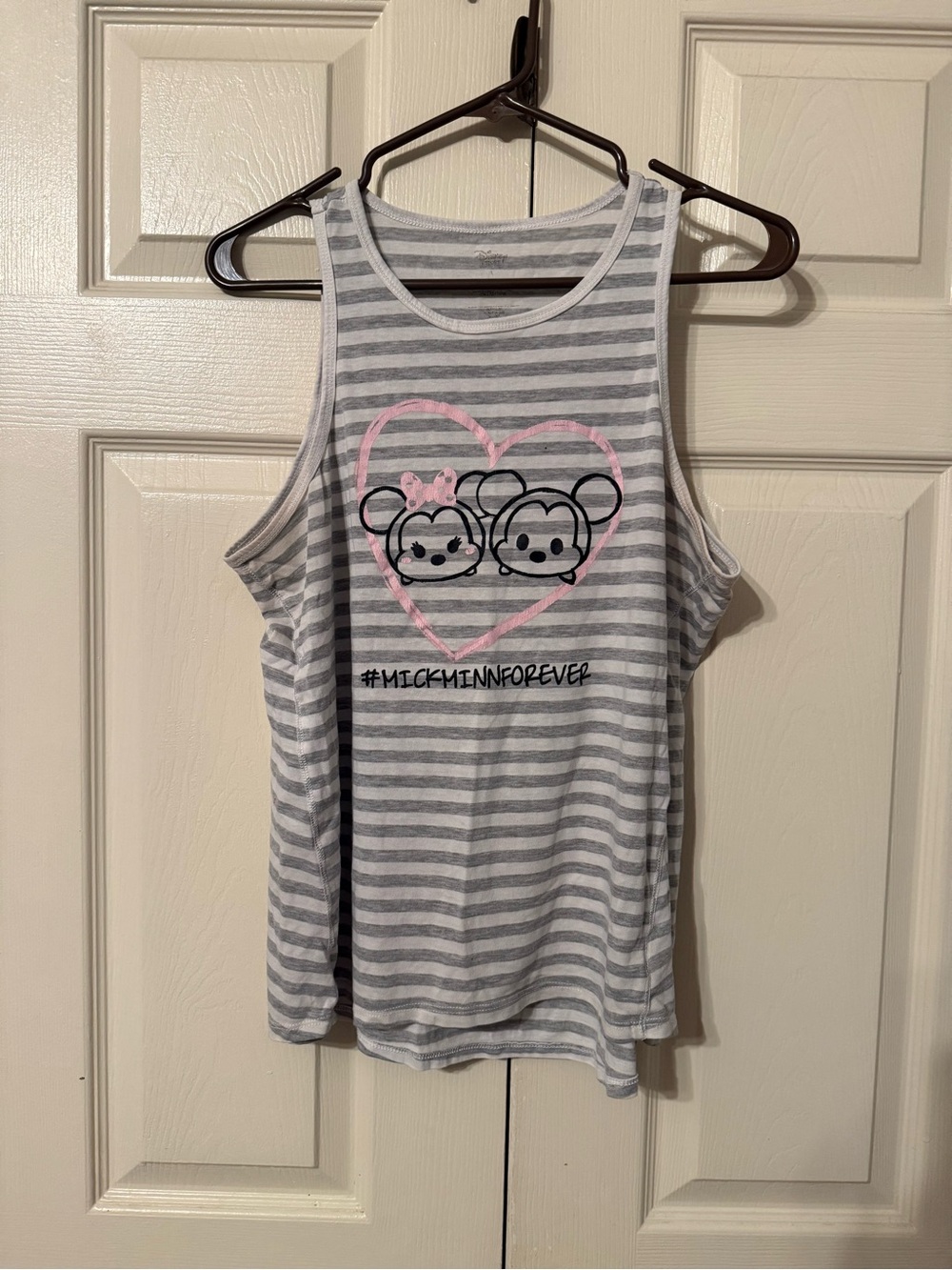 Disney Gray & White Striped Tank with Pink Heart Tsum Tsum